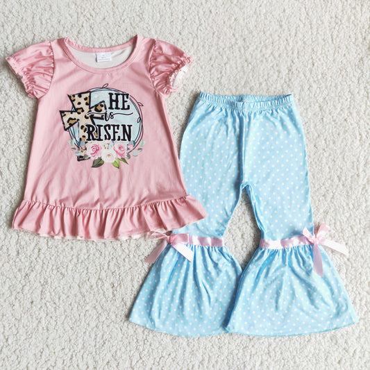 Girls The Risen Cross Outfits Short Sleeves Blue Pants