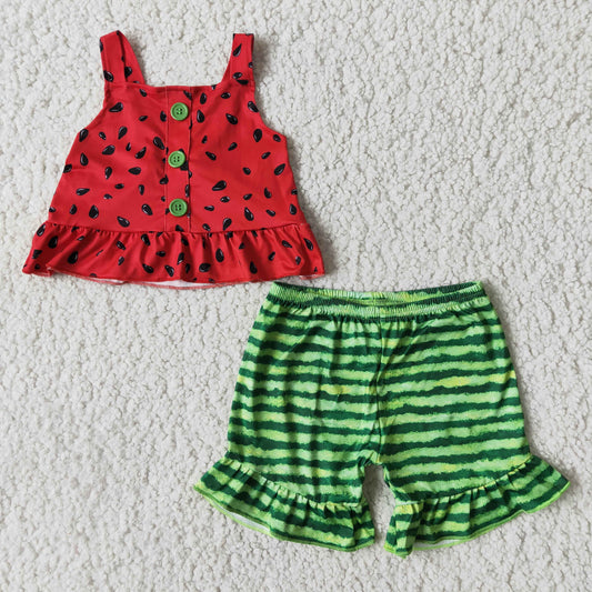 Girls Watermelon Outfits Sleeveless Green Stripe Shorts