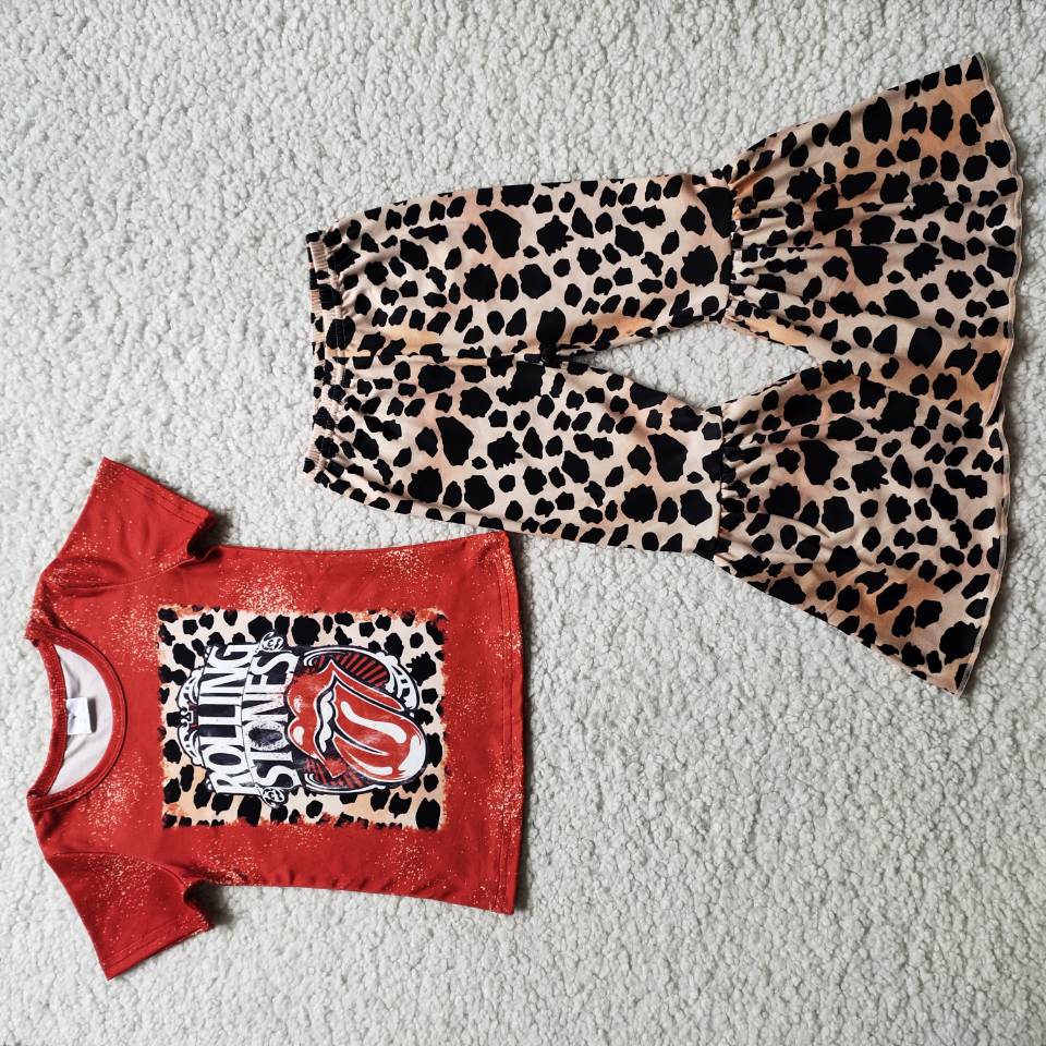 Girls Red Outfits Short Sleeves Bell Bottom Leopard Pants