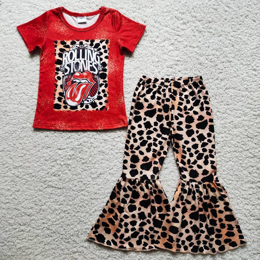 Girls Red Outfits Short Sleeves Bell Bottom Leopard Pants