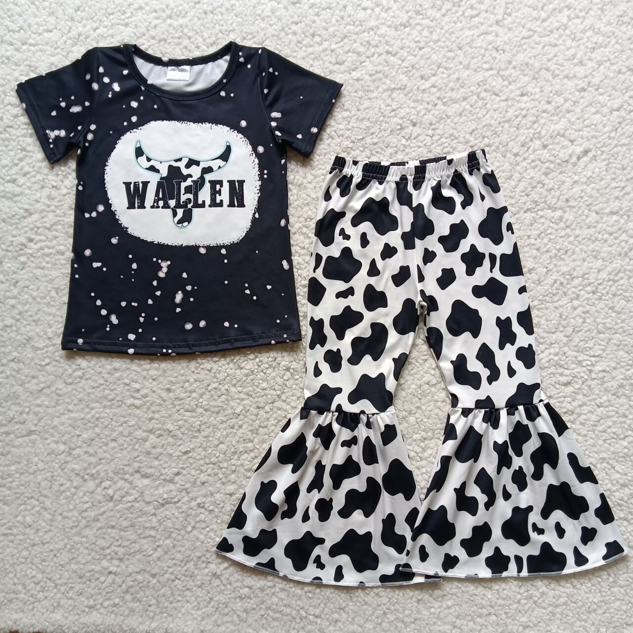 Girls  Black Cow Outfits Short Sleeves Bell Bottom Pants