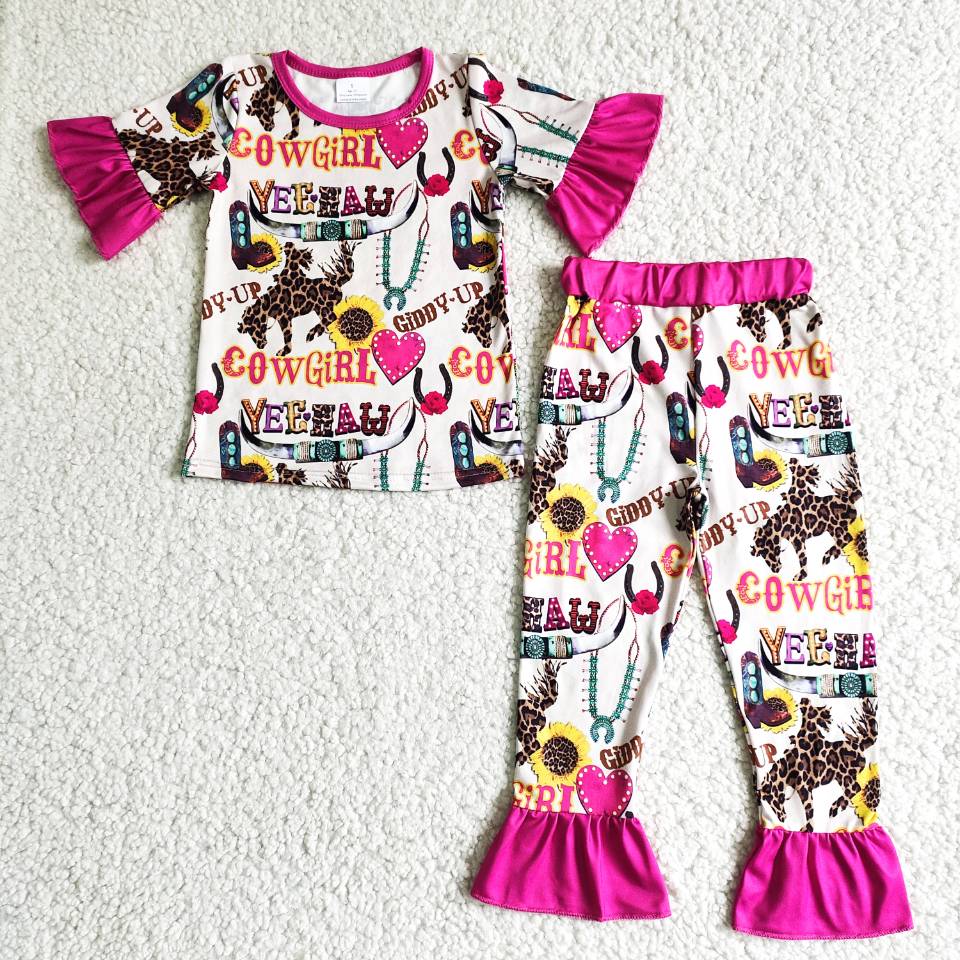 Girls Cowgirl Pajamas Short Sleeves Pink Joggers