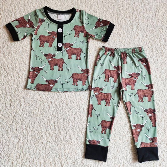 Boys Cow Pajamas Short Sleeves Pants Green