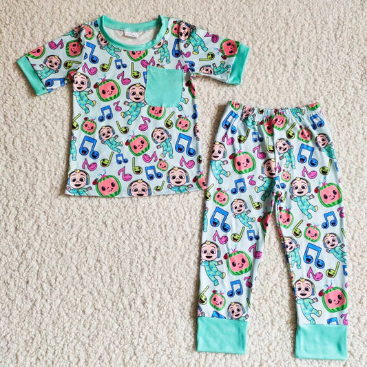 Boys Cartoon Pajamas Short Sleeves Sky Blue Joggers