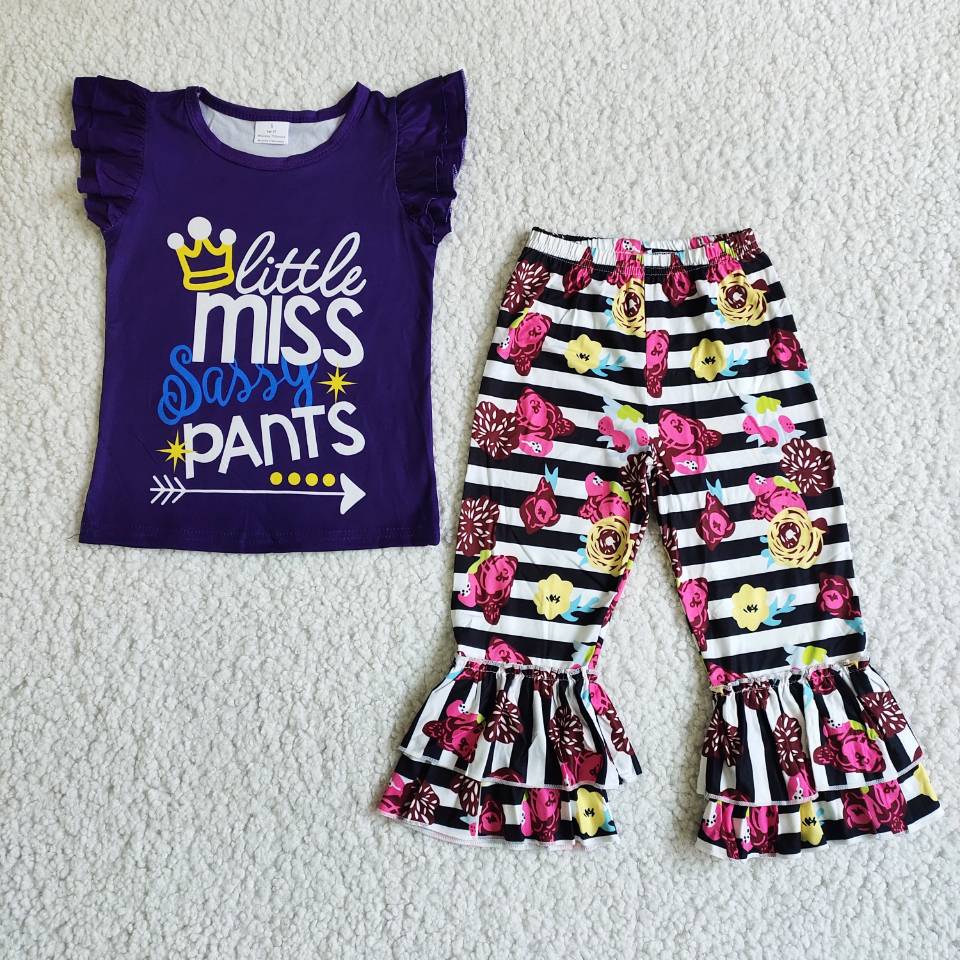 Girls Miss Sassy Navy Outfits Flutter Sleeves Floral Stripe Pants