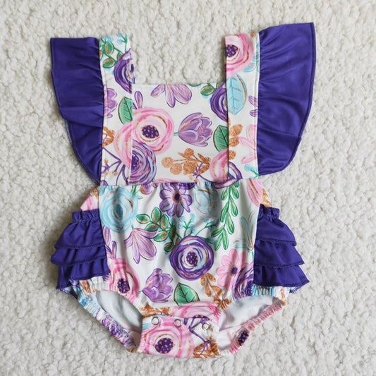 Girls Purple Floral Rompers Flutter Sleeves