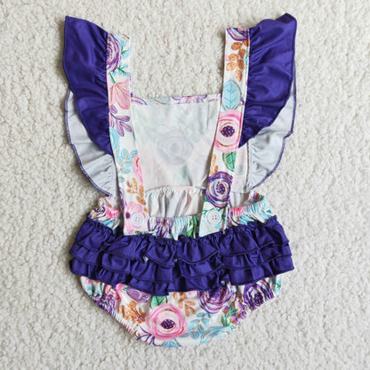 Girls Purple Floral Rompers Flutter Sleeves