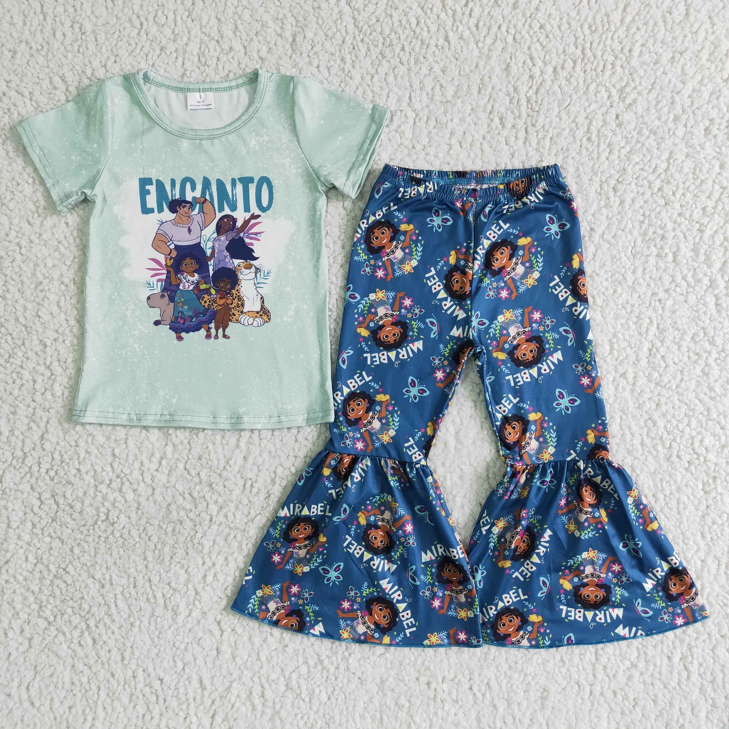 Girls Cartoon Blue Outfits Short Sleeves Bell Bottom Pants