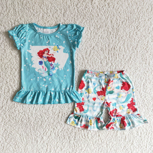 Girls Cartoon Outfits Short Sleeves Blue Shorts