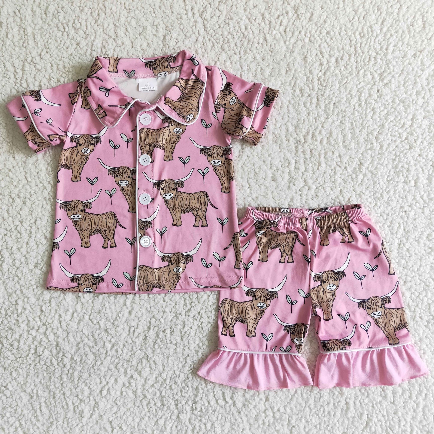 Girls Pink Cow Summer Pajamas Outfits Short Sleeves Shorts