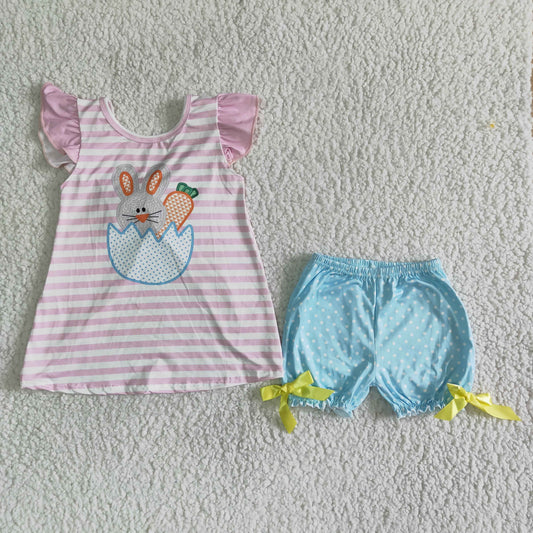 Girls Easter Bunny Outfits Short Sleeves Blue Shorts