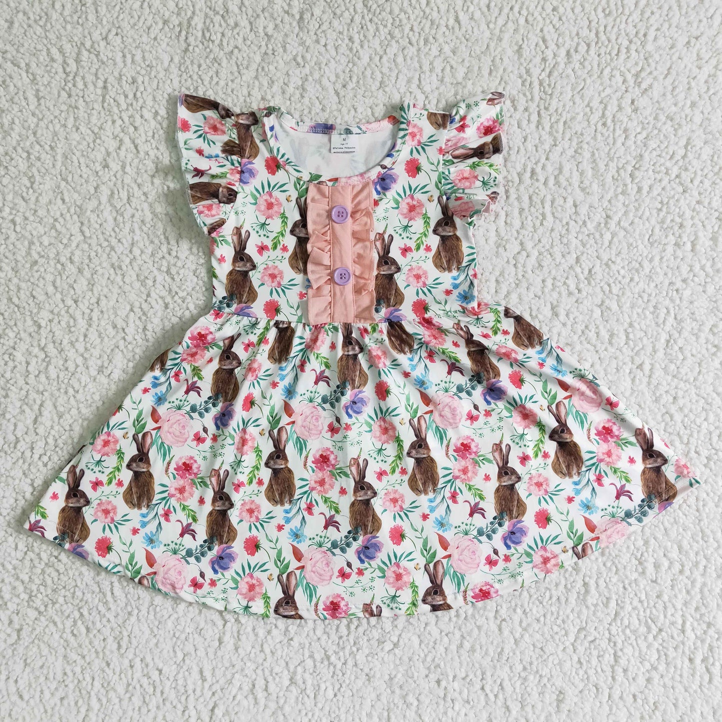 Girls Easter Bunny Floral Pink Dress Flutter Sleeves