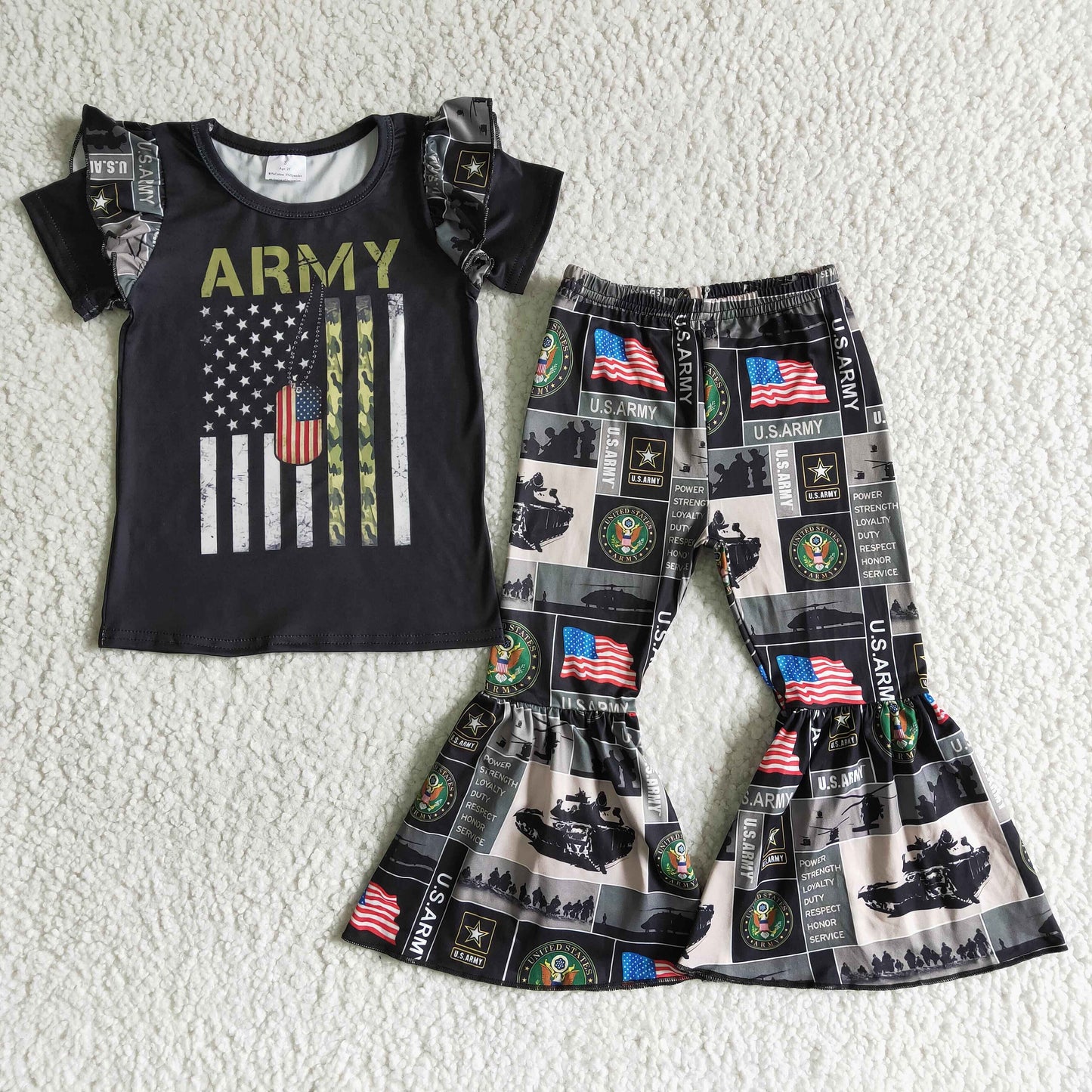 Girls Army Flag Outfits Short Sleeves Bell Bottom Pants