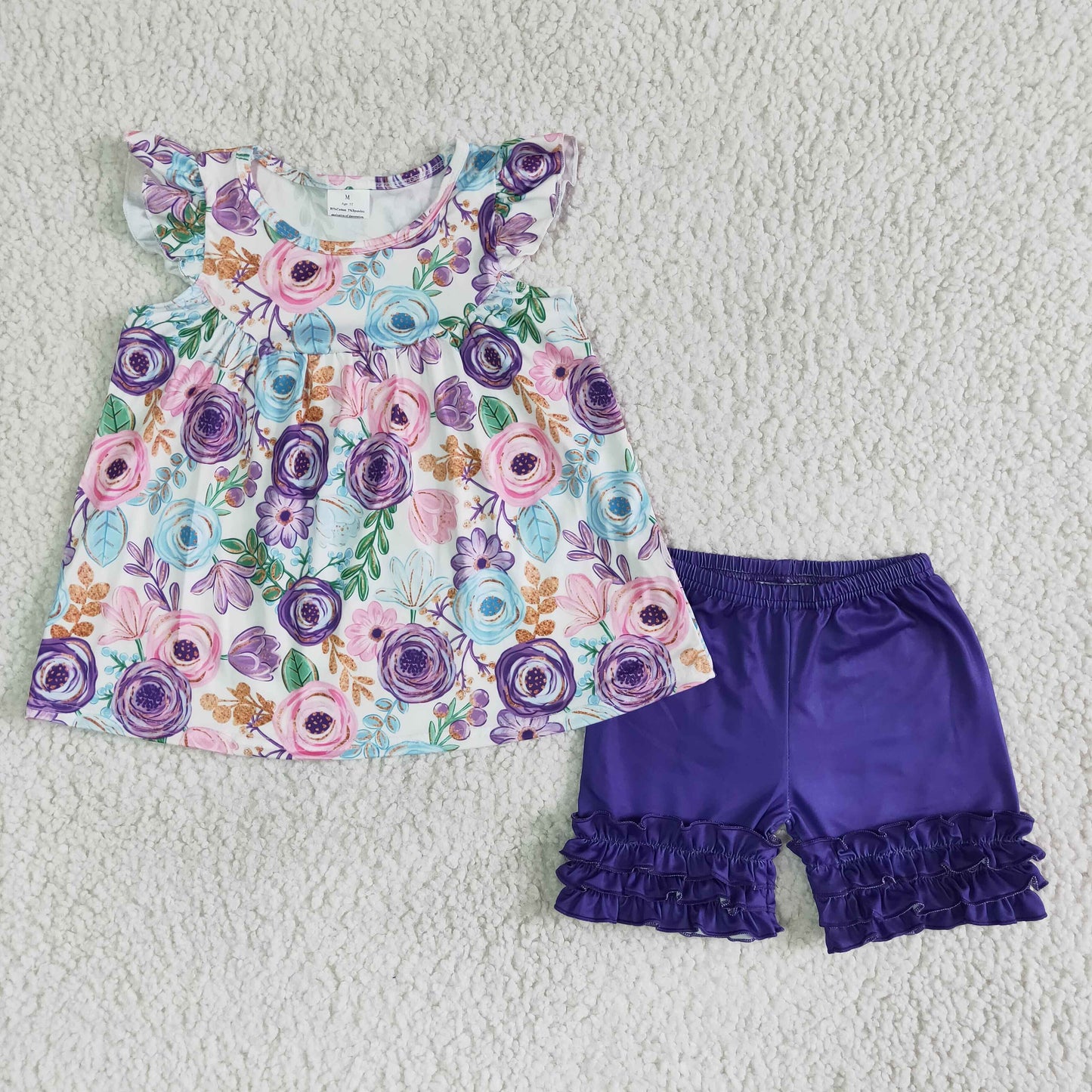 Girls Floral Outfits Flutter Sleeves Purple Shorts