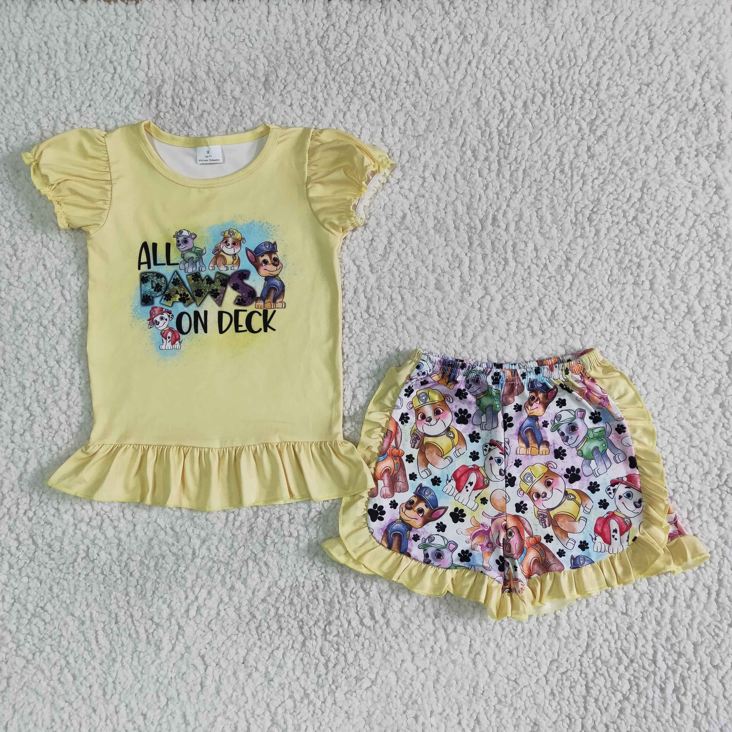 Girls Paws Outfits Short Sleeves Yellow Shorts