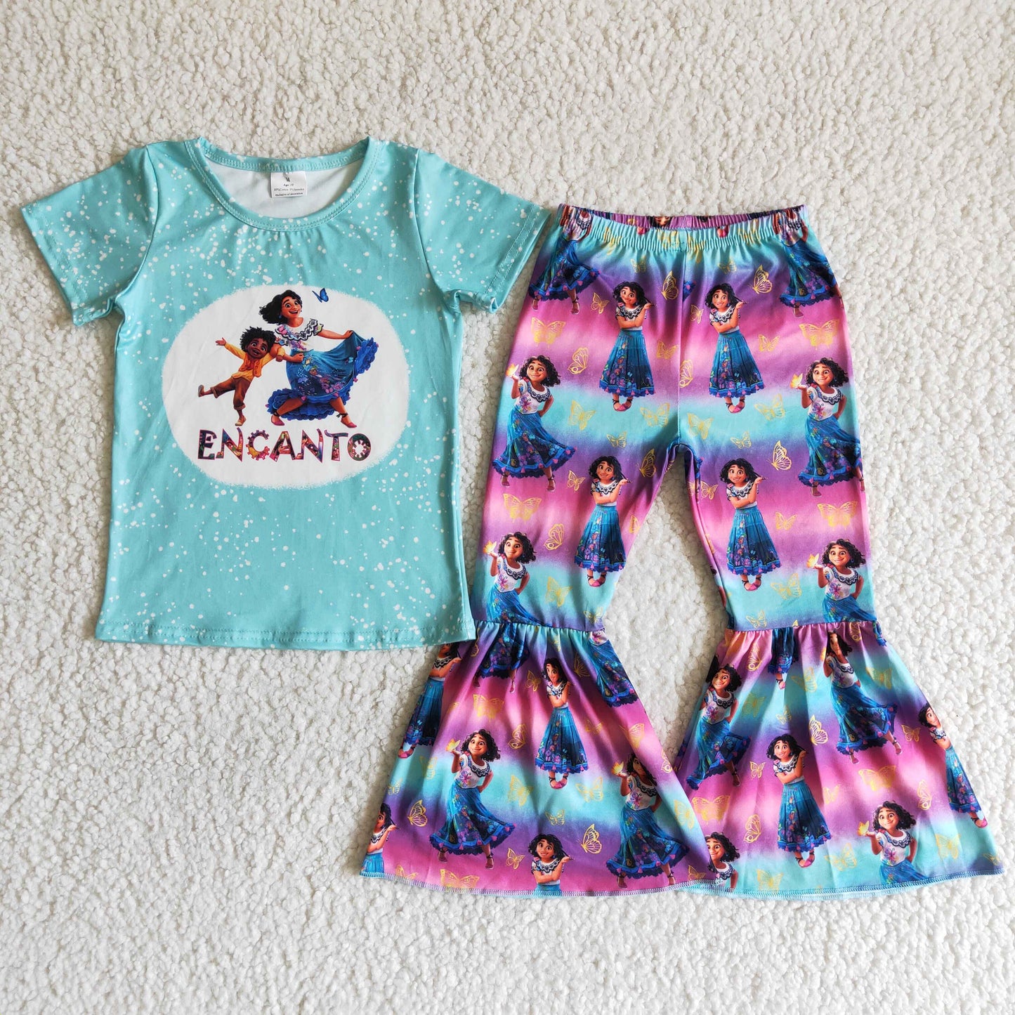 Girls Cartoon Blue Outfits Short Sleeves Bell Bottom Pants