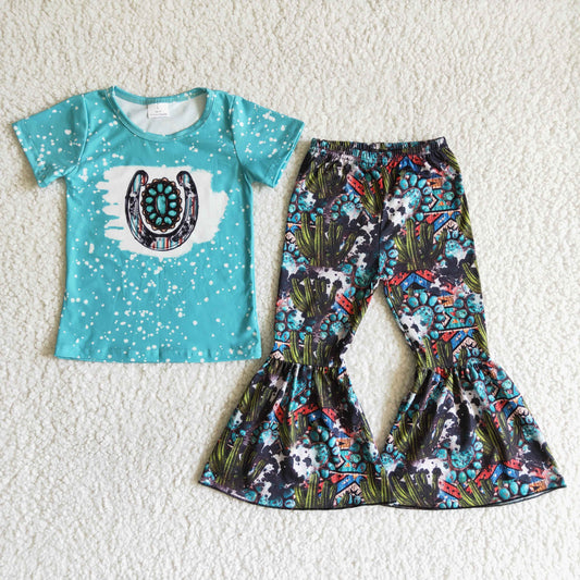 Girls Cactus Blue Outfits Short Sleeves Bell Bottom Pants