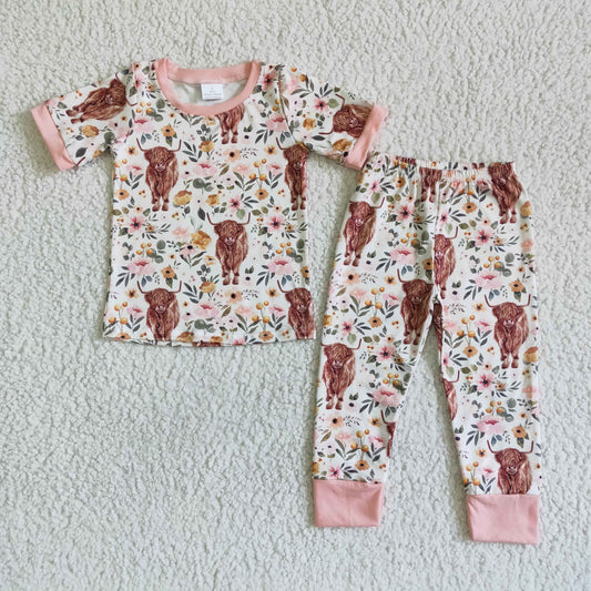 Girls Pink Cow Pajamas Short Sleeves Joggers