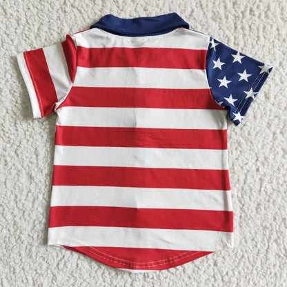 Boys July Fourth Blue Stars Red Stripe Shirt Top Short Sleeves