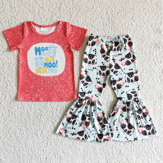 Girls Moo Cow Outfits Short Sleeves Bell Bottom Pants