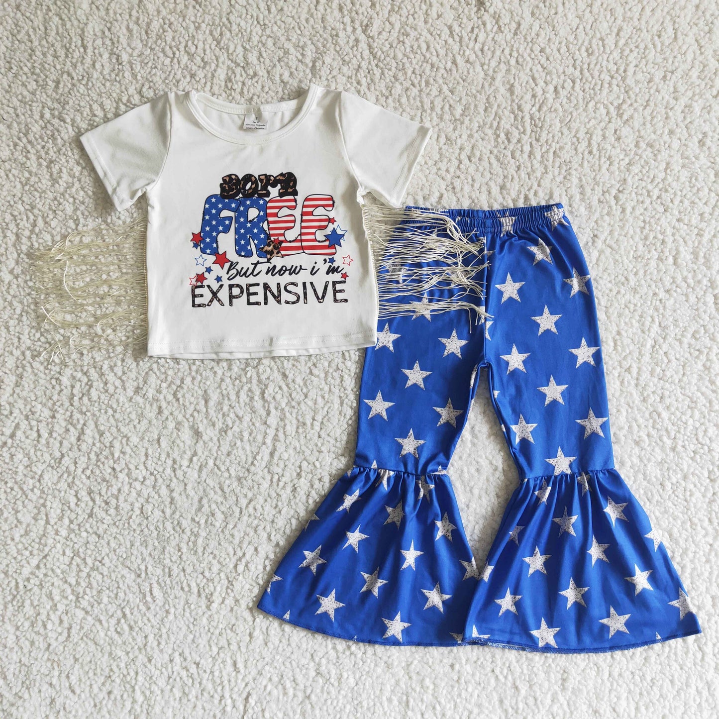 Girls USA Free Outfits Short Sleeves Tassels Blue Stars Pants