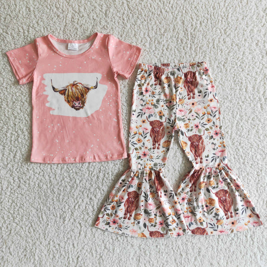 Girls Pink Cow Floral Outfits Short Sleeves Bell Bottom Pants