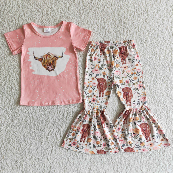 Girls Pink Cow Floral Outfits Short Sleeves Bell Bottom Pants