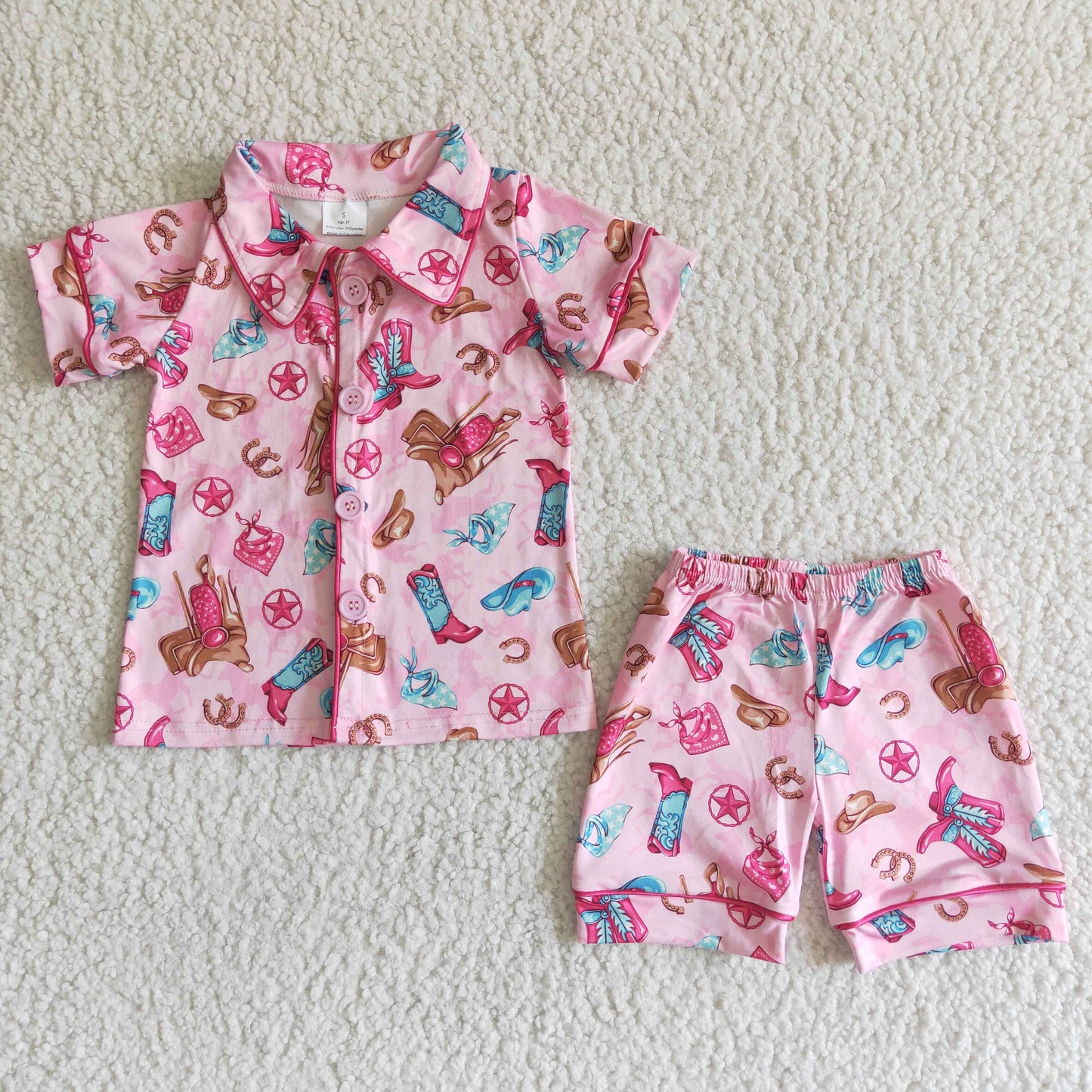 Girls Pink Cowboys Summer Pajamas Short Sleeves Shorts