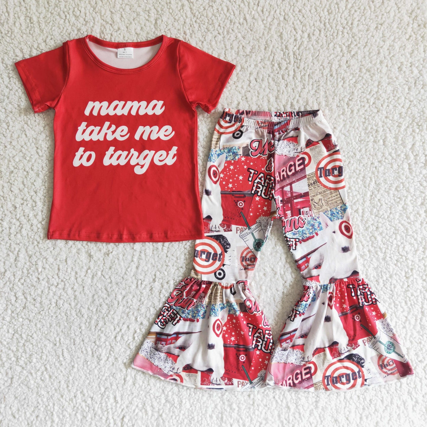 Girls Mama Take Me To Market Outfits Short Sleeves Bell Bottom Red Pants