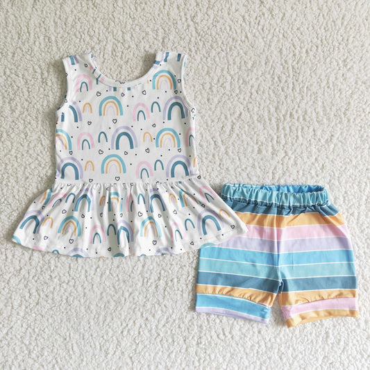 Girls Rainbow Outfits Short Sleeves Stripe Shorts