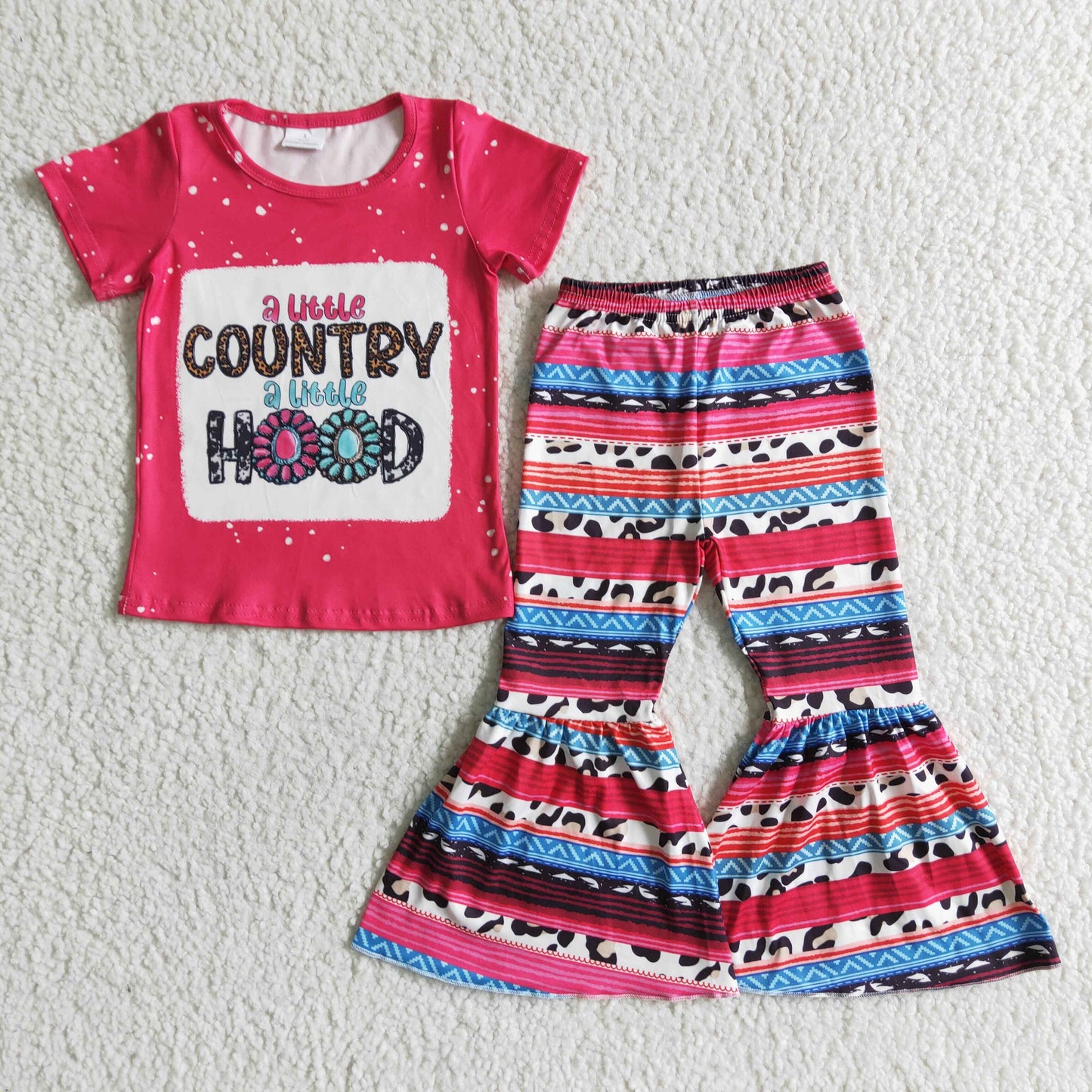 Girls Country Hood Outfits Short Sleeves Bell Bottom Pants