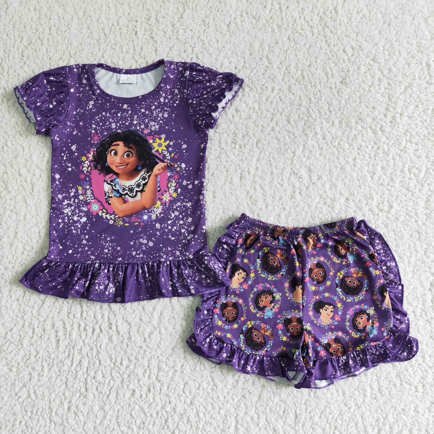 Girls Cartoon Outfits Short Sleeves Purple Shorts