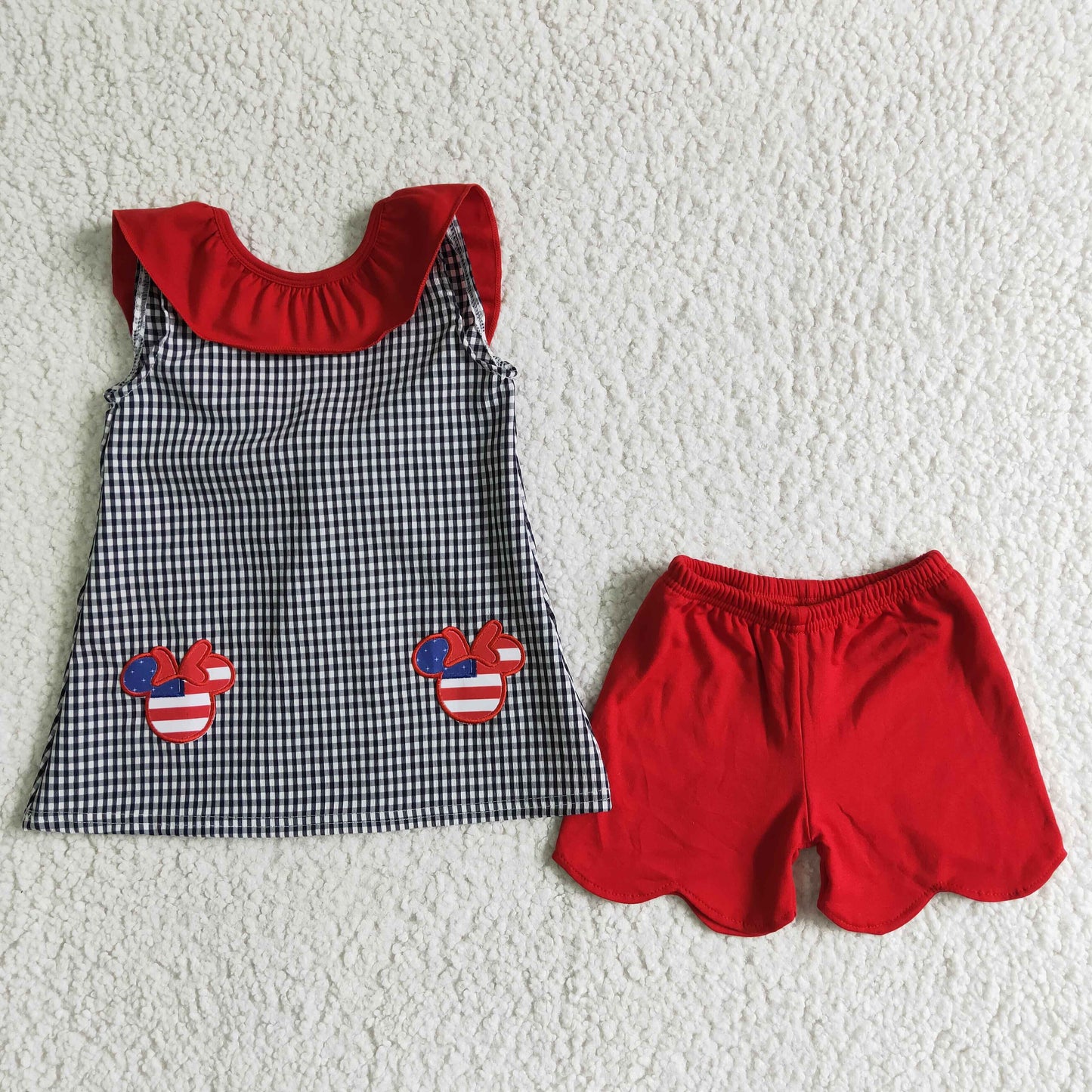 Girls Embroidery Outfits Short Sleeves Red Shorts