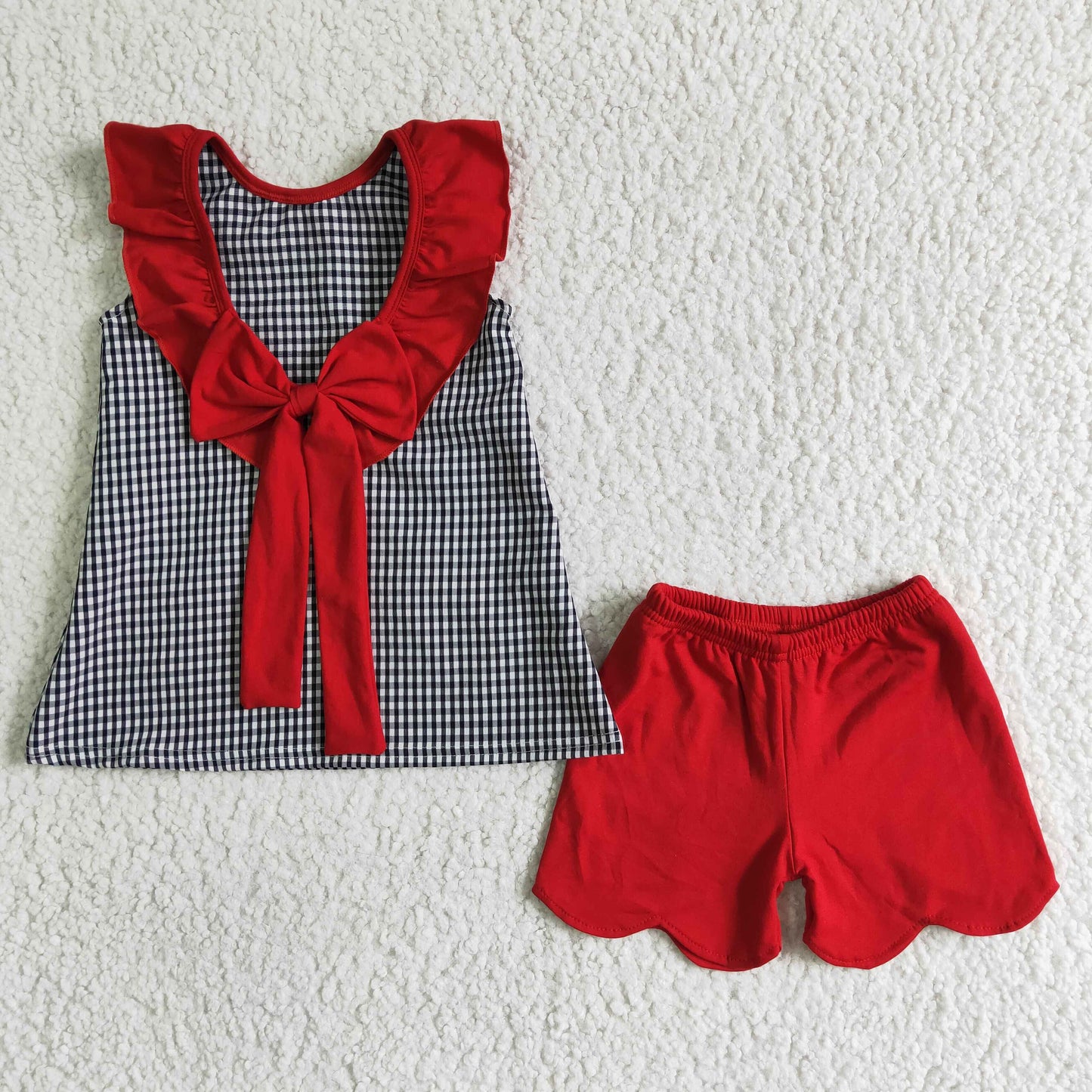 Girls Embroidery Outfits Short Sleeves Red Shorts