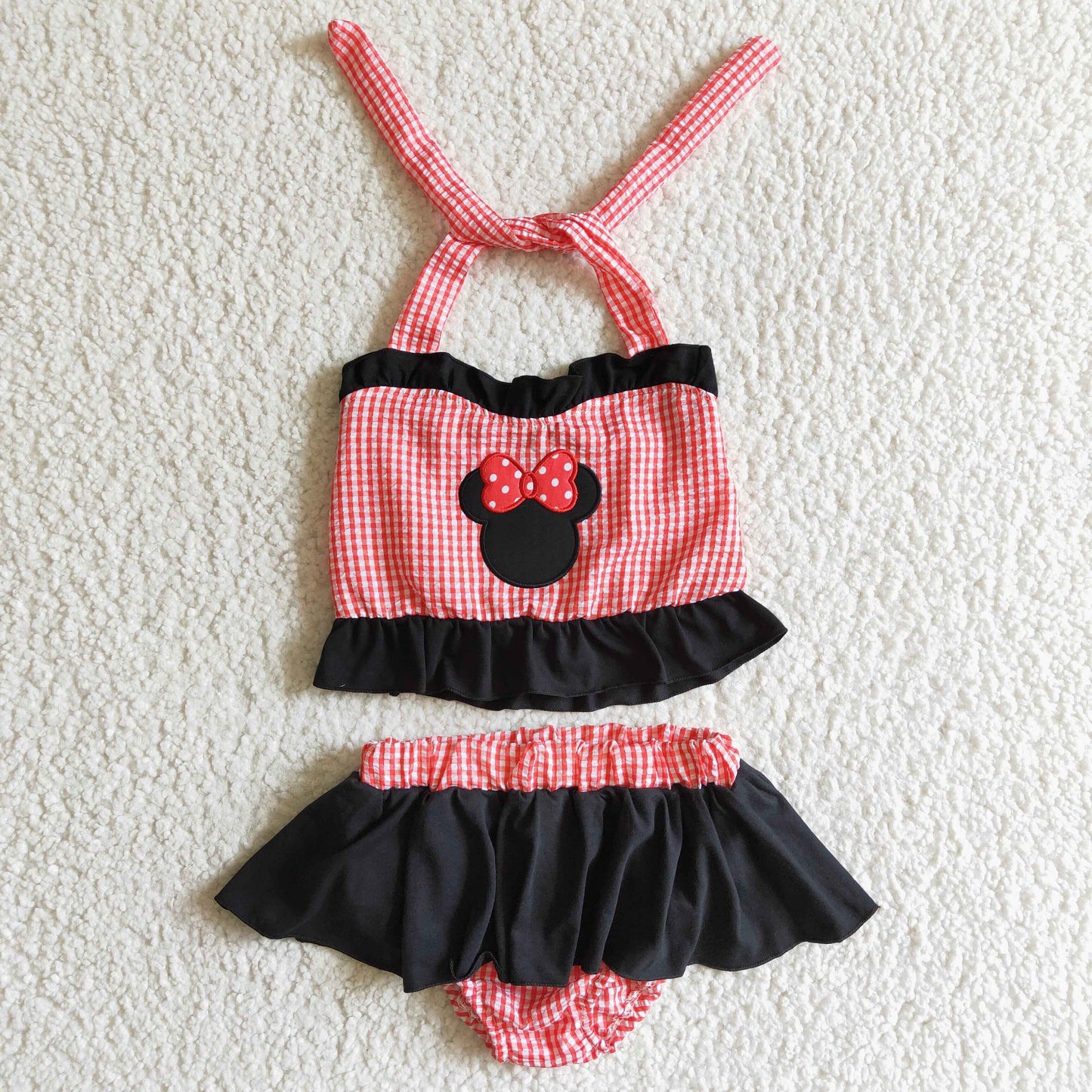 Girls Cartoon Red Plaid Bathing Suit 2pcs