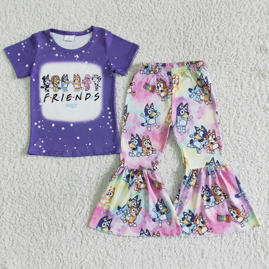 Girls Friends Cartoon Purple Outfits Short Sleeves Bell Bottom Pants