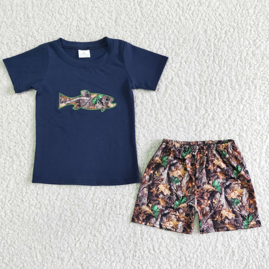 Boys Fish Outfits Short Sleeves Leaves Shorts