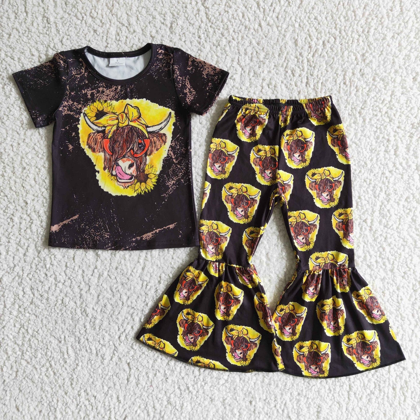 Girls Cow Sunflowers Black Outfits Short Sleeves Bell Bottom Pants