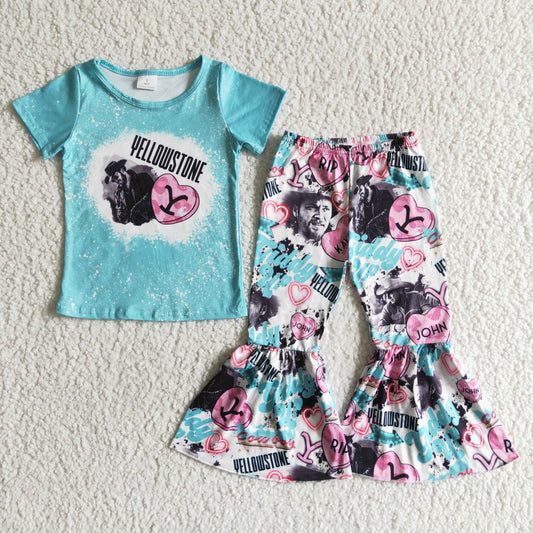 Girls Y Blue Outfits Short Sleeves Bell Bottom Pants