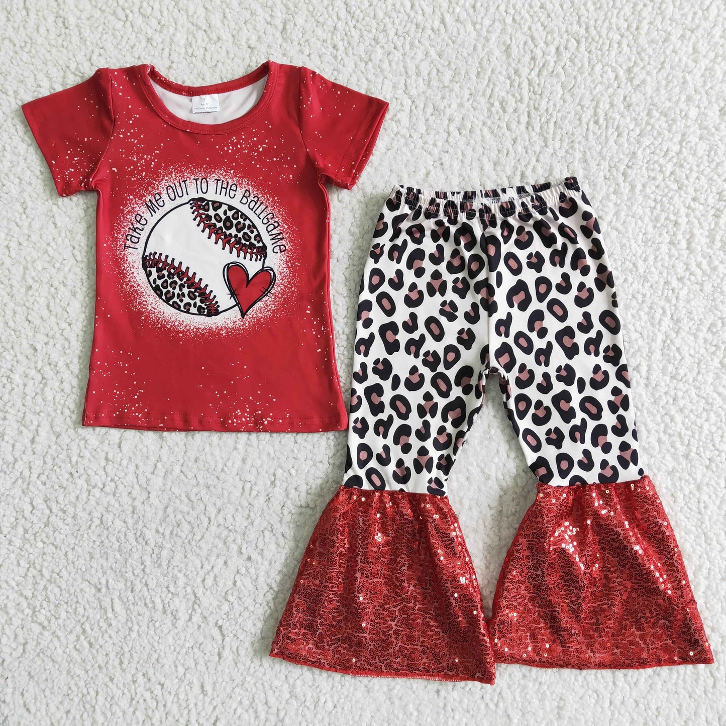 Girls Baseball Red Outfits Short Sleeves Bell Bottom Leopard Pants