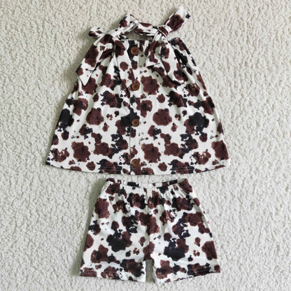 Girls Brown Cow Outfits Sleeveless Shorts