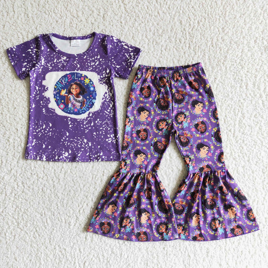 Girls Cartoon Purple Outfits Short Sleeves Bell Bottom Pants