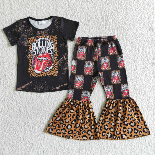 Girls Black Outfits Short Sleeves Bell Bottom Leopard Pants