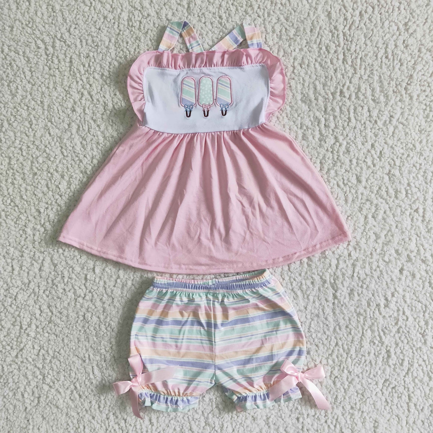 Girls Embroidery Pink Outfits Sun-top Stripe Shorts