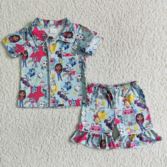 Girls Cartoon Summer Pajamas Outfits Short Sleeves Shorts