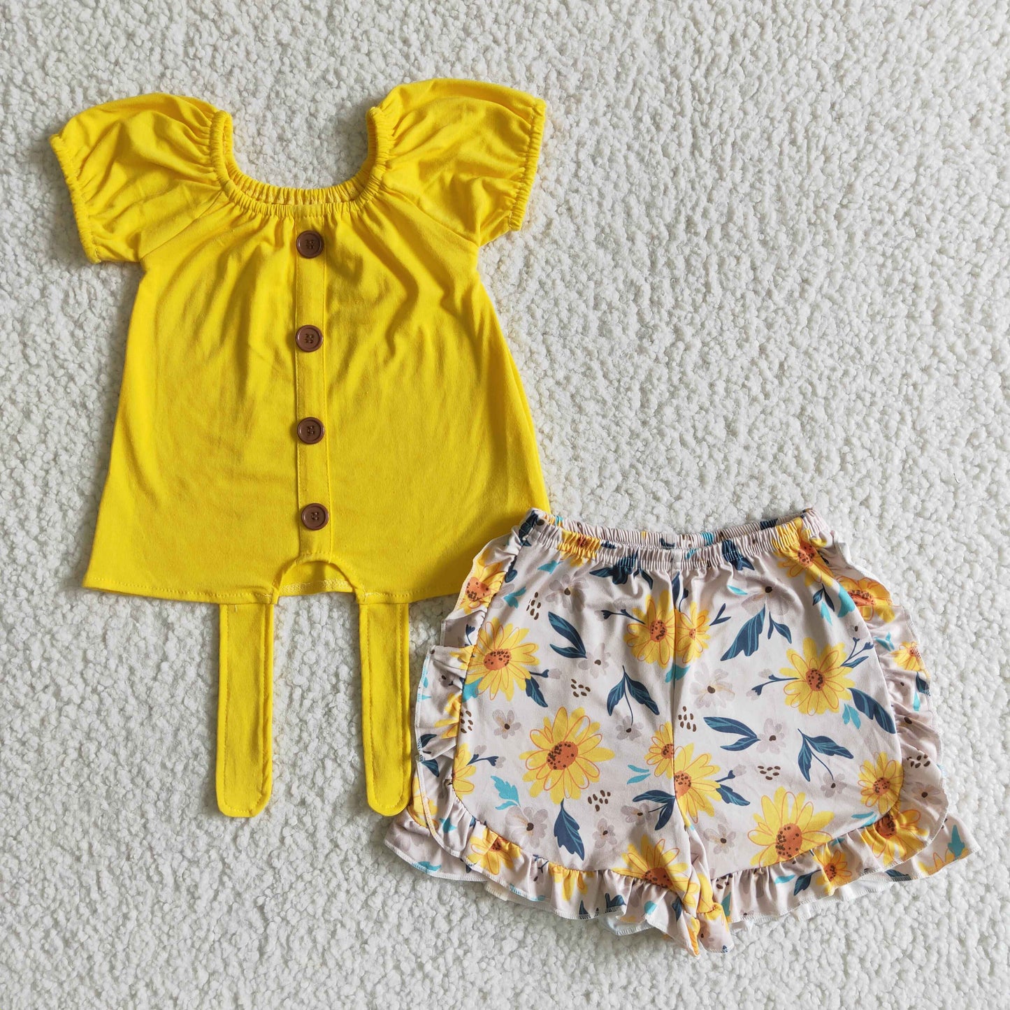 Girls Yellow Outfits Short Sleeves Floral Shorts