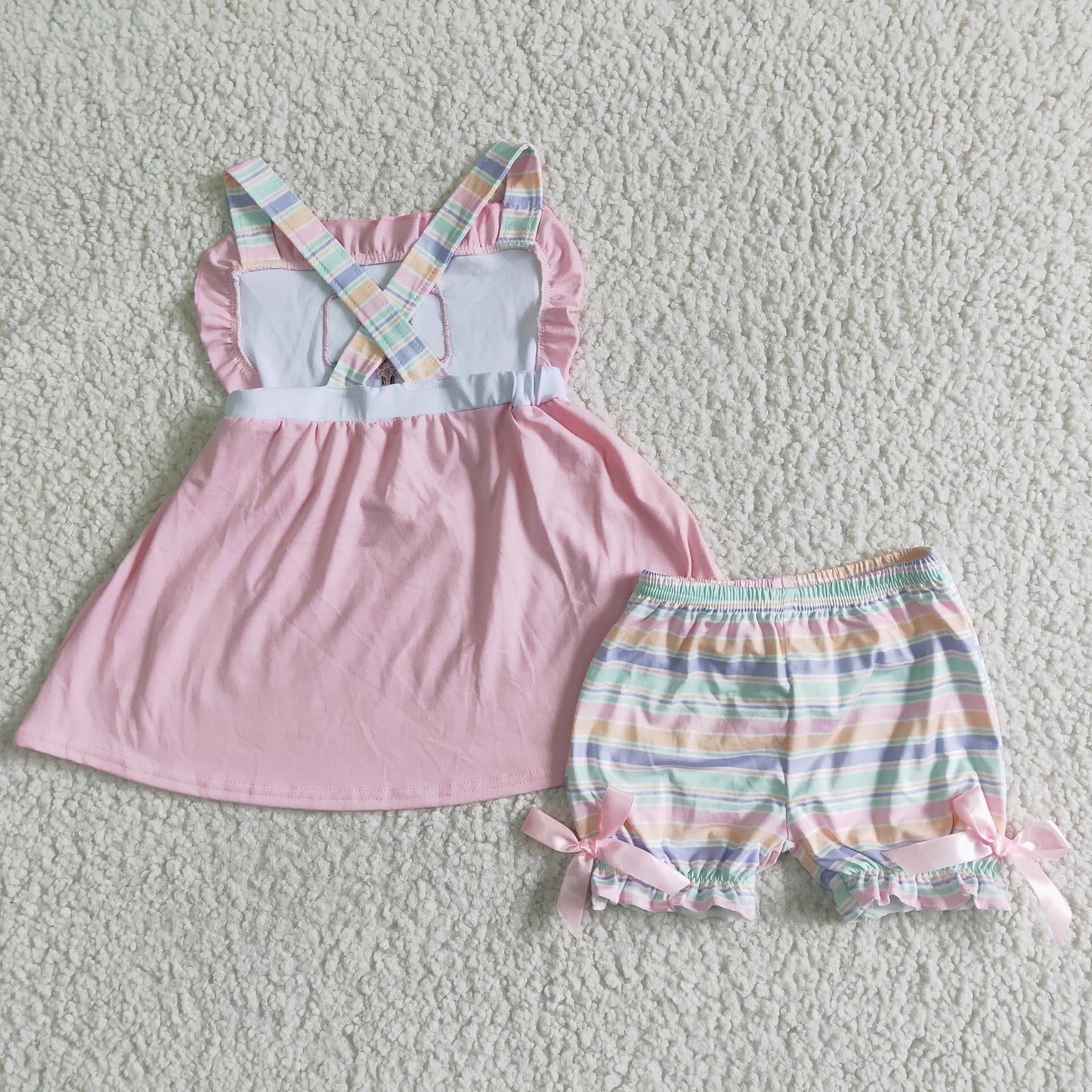 Girls Embroidery Pink Outfits Sun-top Stripe Shorts