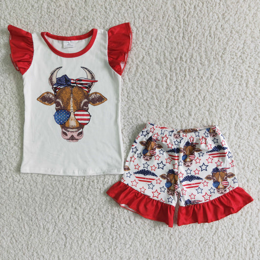 GSSO0046 Girls Cow Outfits Short Sleeves Red Shorts