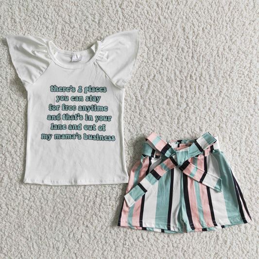 Girls Letters Outfits Short Sleeves Stripe Shorts