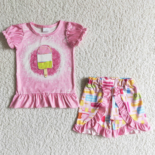 Girls Summer Popsicle Outfits Short Sleeves Pink Shorts